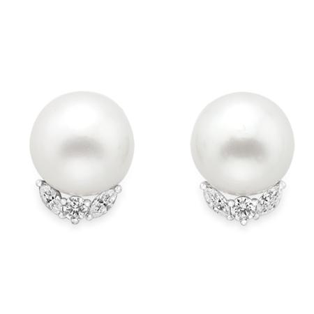 Lot image - Pair of Cultured Pearl and Diamond Earrings
