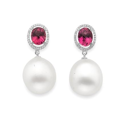 Lot image - Pair of  Pink Tourmaline, Diamond and Cultured Pearl Pendant-Earrings