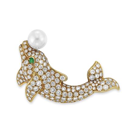 Lot image - Gold, Diamond, Cultured Pearl and Emerald Dolphin Clip-Brooch, Cartier