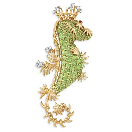 Lot image - Gold, Platinum, Peridot and Diamond Sea Horse Clip-Brooch, Tiffany & Co., Schlumberger