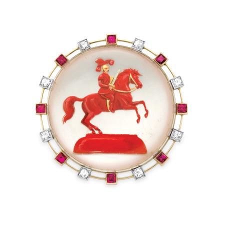 Lot image - Antique Gold, Platinum, Reverse Crystal Intaglio, Ruby and Diamond Brooch