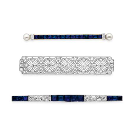 Lot image - Three Diamond and Sapphire Bar Pins