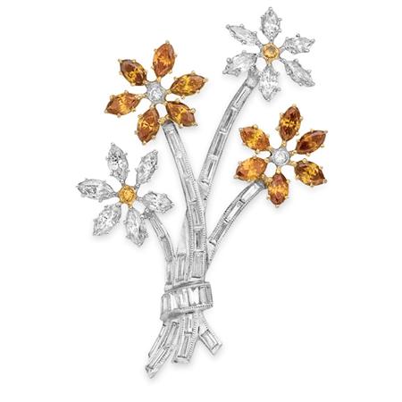 Lot image - Colored Diamond and Diamond Flower Brooch