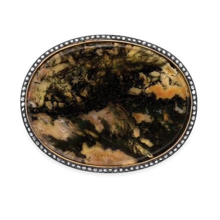 Lot image - Antique Gold, Platinum, Moss Agate and Diamond Brooch