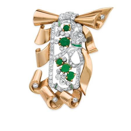 Lot image - Gold, Platinum, Diamond and Carved Emerald and Emerald Clip