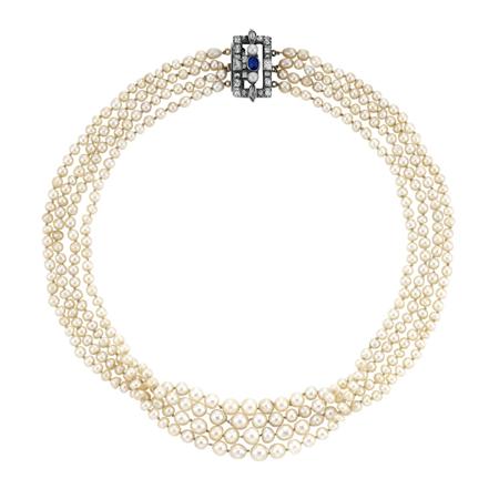 Lot image - Four Strand Natural and Cultured Pearl Necklace