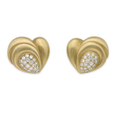 Lot image - Pair of Gold and Diamond Heart Earclips, Vahe Nalthchayan