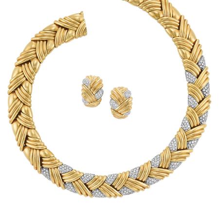 Lot image - Two-Color Gold and Diamond Necklace and Pair of Earrings, Craig Drake