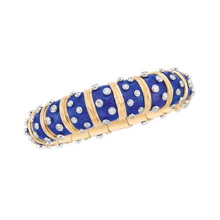Lot image - Gold, Platinum, Blue Enamel and Diamond Bangle Bracelet, Tiffany & Co., Schlumberger