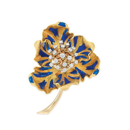 Lot image - Gold, Blue Enamel and Diamond en Tremblant Flower Clip-Brooch