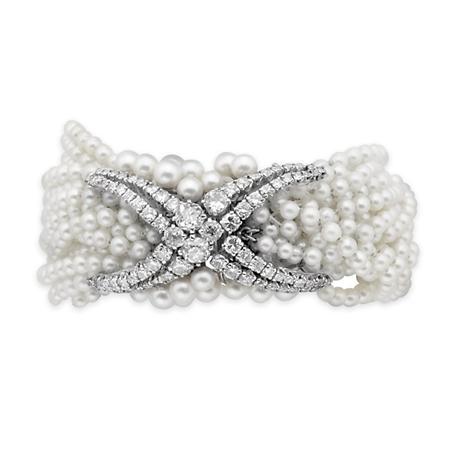 Lot image - Seventeen Strand Cultured Pearl and Diamond Torsade Bracelet