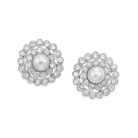 Lot image - Pair of Cultured Pearl and Diamond Earclips