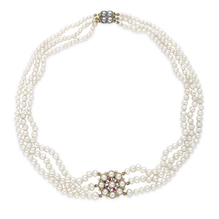 Lot image - Triple Strand Natural Pearl Necklace with Gold, Pearl, Ruby and Diamond Ornament