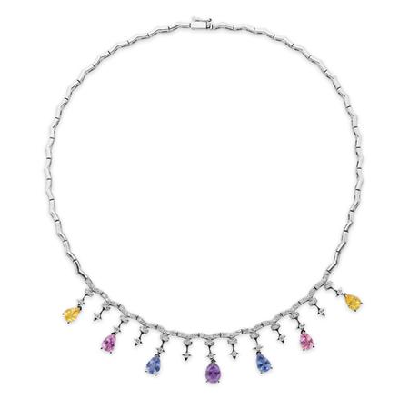 Lot image - White Gold, Multicolored Sapphire and Diamond Fringe Necklace