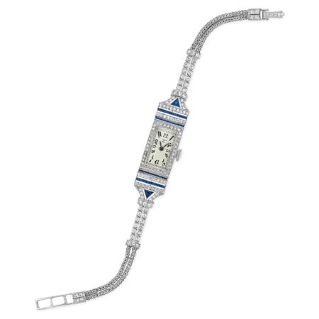 Lot image - Platinum, Sapphire and Diamond Wristwatch