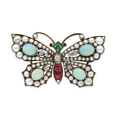 Lot image - Antique Gold, Split Pearl, Opal, Diamond, Ruby and Emerald Butterfly Brooch