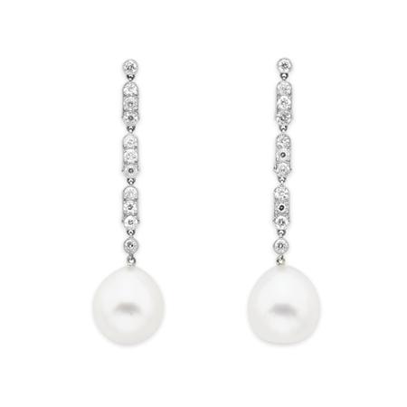 Lot image - Pair of Diamond and Cultured Pearl Pendant-Earrings