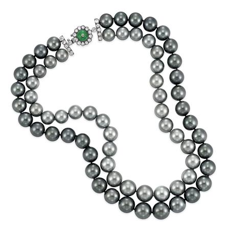 Lot image - Double Strand Gray and Black Cultured Pearl Necklace with Emerald Bead and Diamond Clasp