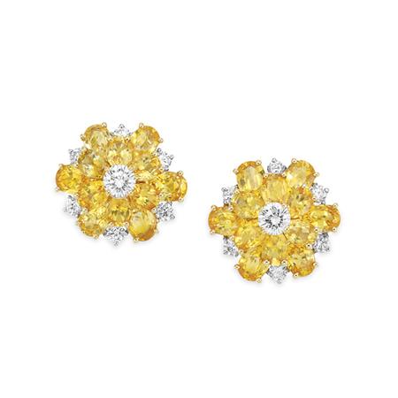 Lot image - Pair of Yellow Sapphire and Diamond Earclips, Oscar Heyman Bros.