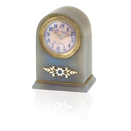 Lot image - Agate, Pink Guilloche Enamel, White Enamel, Diamond and Cabochon Sapphire Desk Clock, Boucheron