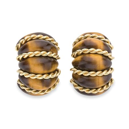 Lot image - Pair of Gold and Tigers-Eye Shrimp Earclips, Seaman Schepps