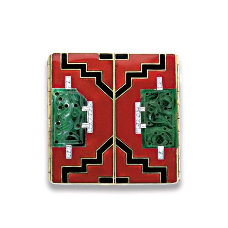 Lot image - Art Deco Gold, Enamel, Carved Jade and Diamond Pill Box, Cartier