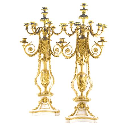 Lot image - Pair of Louis XVI Style Gilt-Bronze and Marble Ten-Light Candelabra