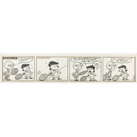 Lot image - SCHULZ, CHARLES  Original drawing for a Peanuts four-panel strip, July 15, 1952