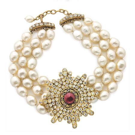 Lot image - Gripoix for Chanel Three Strand Faux Pearl Choker with Russian Medal Medallion