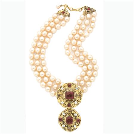 Lot image - Gripoix for Chanel Triple Strand Faux Baroque Pearl Choker with Medallion with Detachable Pendant