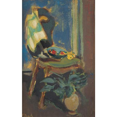 Lot image - Joseph Floch Austrian, 1894-1977 Still Life with Chair, Fruit and Potted Plant, circa 1960