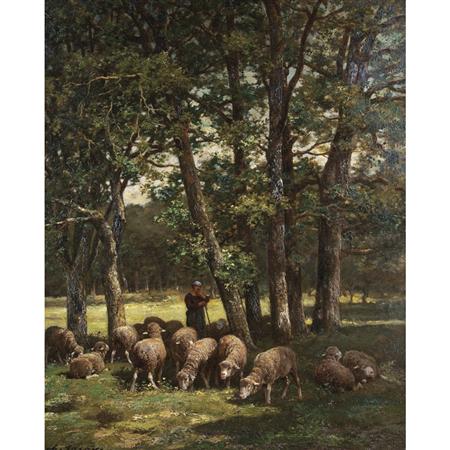 Lot image - Charles Emile Jacque French, 1813-1894 Shepherdess and Her Flock