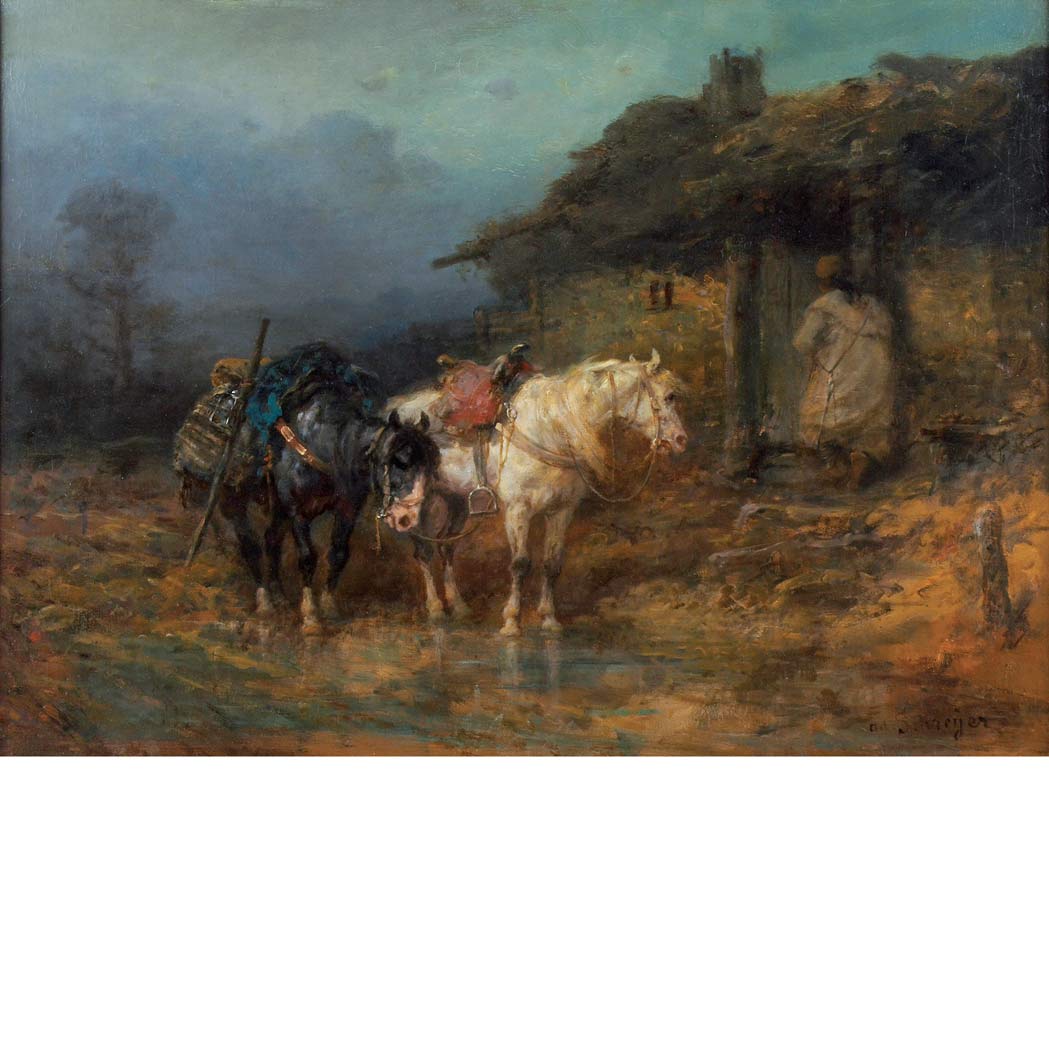 Lot image - Adolf Schreyer German, 1828-1899 The Halt for Shelter
