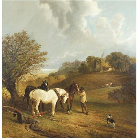 Lot image - Edwin L. Meadows British, fl. 1854-1872 Sussex Landscape with Horses and Ploughman in the Foreground