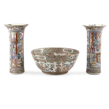 Lot image - Canton Rose Medallion Porcelain Bowl; Together with a Pair of Canton Rose Medallion Porcelain Garniture Vases