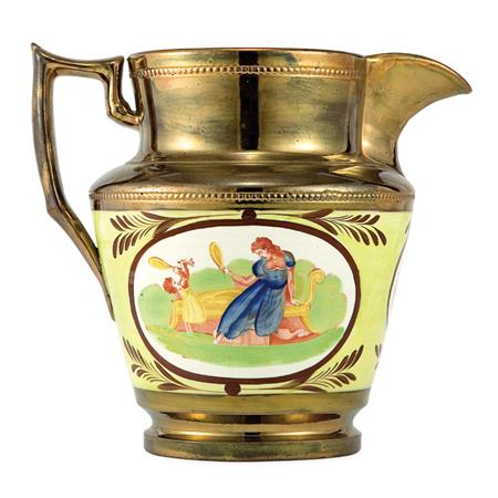 Lot image - English Copper Lustre, Yellow Glazed and Transfer Decorated Jug