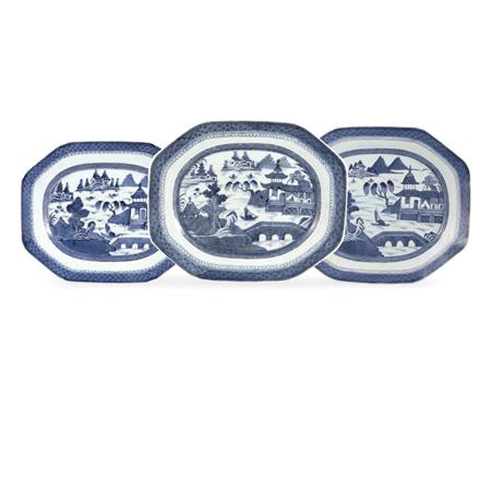 Lot image - Three Canton Blue and White Porcelain Chamfered Platters