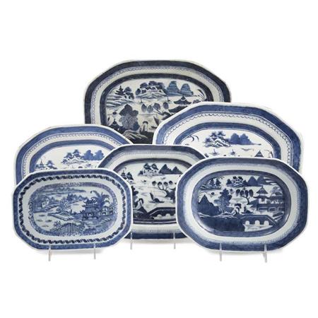 Lot image - Group of Six Canton Blue and White Porcelain Chamfered Platters and Tureen Stands