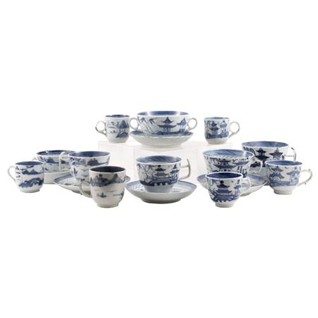 Lot image - Group of Canton Blue and White Porcelain Cups and Saucers
