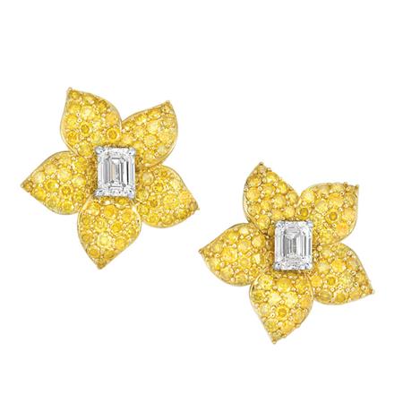Lot image - Pair of Gold, Diamond and Fancy Vivid Yellow Diamond Flower Earrings