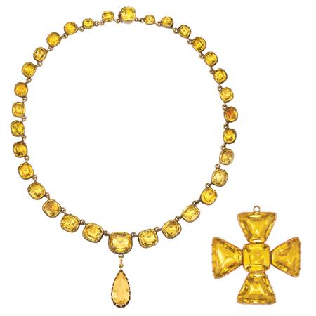 Lot image - Antique Gold and Foiled-Back Simulated Citrine Necklace, Maltese Cross Pendant and Citrine Pendant