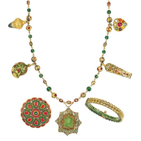 Lot image - Indian Gold, Enamel, Jaipur Enamel and Foiled-Back Colored Stone Bead Pendant-Necklace, Brooch and Diamond Bangle Bracelet