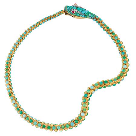 Lot image - Antique Gold, Turquoise, Diamond and Garnet Snake Necklace
