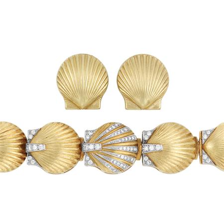 Lot image - Gold, Platinum and Diamond Shell Bracelet-Watch, Trabert & Hoeffer, Mauboussin, and Pair of Earclips