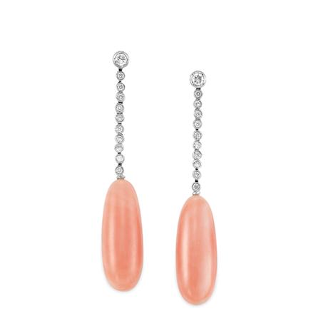 Lot image - Pair of Diamond and Angel Skin Coral Pendant-Earrings