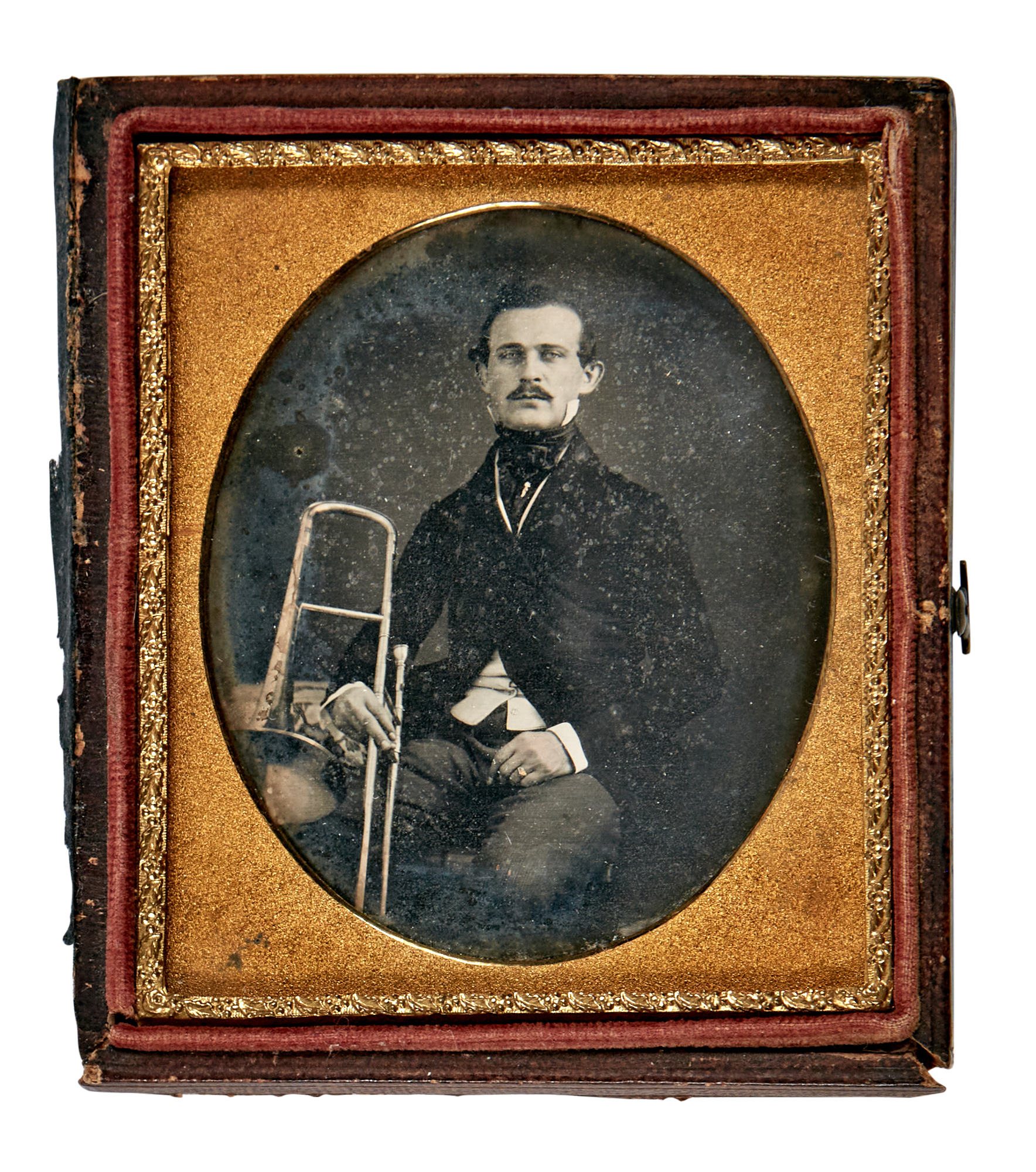 Lot image - [DAGUERREOTYPE-MUSICIANS]  Three daguerreotypes of brass instrument players.