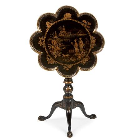 Lot image - George III Style Chinoiserie Decorated Black Lacquered Tilt-Top Table