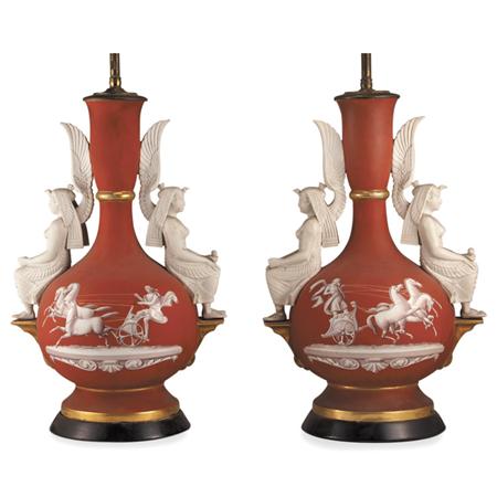 Lot image - Pair of Egyptian Revival Style Porcelain Lamps