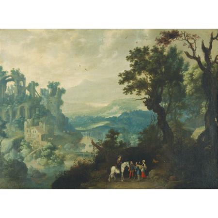 Lot image - Hans Bergaigne Active in the Netherlands, First Half of the 17th Century An Extensive Landscape with Travelers on a Road, a Mill, Ro...