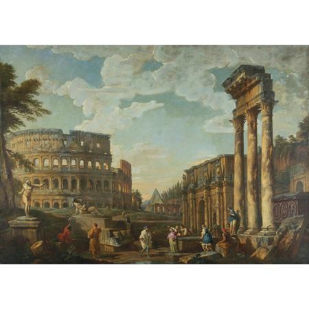 Lot image - Giovanni Paolo Panini Italian, circa 1692-1765 An Architectural Capriccio with the Colosseum, the Temple of Saturn, the Arch of Cons...